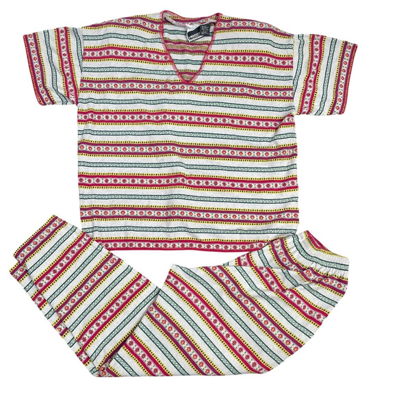 VTG 80's Red Green Striped Knit Top Pants Set Outfit Cottage Hippy Sleepwear - Picture 1 of 11